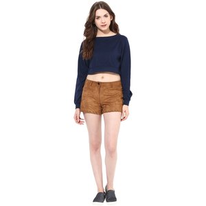 Women's <b>Navy</b> Blue Cropped Long Sleeve Sweatshirt O-Neck Knitted Cotton Casual <b>Top</b> Summer Wear - Product Image 2