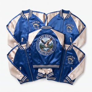 Wholesale B2B Supplier Teal Blue Satin Varsity <b>Jacket</b> Zip Up Custom Embroidered <b>Coral</b> Atoll Guild Baseball Coat - Product Image 6