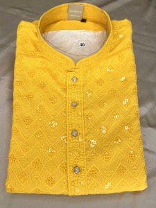 Yellow Embroidered Kurta With White Dhoti For Boys Indian Ethnic <b>Wedding</b> Wear Three Quarter Sleeve Cotton Ankle Length Regular - Product Image 3