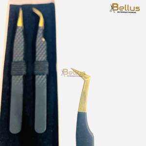 Pinzas para Pestañas Bellus International 5Wholesale, Punta de Fibra Negra Dorada, Agarre Fuerte, Acero Inoxidable, para Cejas y Pestañas - Product Image 1