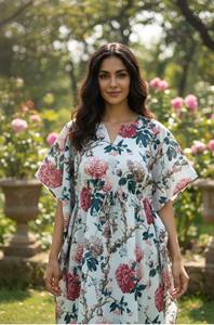 Kaftan en coton imprimé à la main : Robe de plage bohème, grande taille - Product Image 3