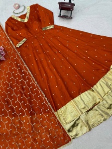 Orange Silk Anarkali <b>Suit</b> Set With Gold Border And Polka Dots For <b>Women</b> Traditional <b>Wedding</b> Wear India Pakistan Style - Product Image 3