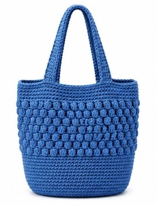 Bolso Tote Azul de Ganchillo, Color Sólido, Estilo Bohemio, Abierto, para Playa, Verano, Bolso de Mano para Mujer - Product Image 1