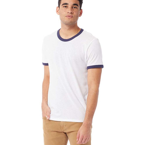 T-shirt blanc à manches courtes pour homme avec bordure contrastante jaune Coupe classique Décontracté Col rond Couleur unie Coton tricoté - Product Image 2