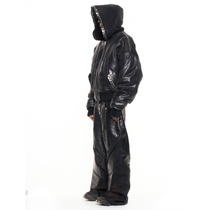 Survêtement en cuir noir pour homme avec capuche, fermeture éclair intégrale, coupe ample, style streetwear, tenue d'hiver avec poches latérales - Product Image 5