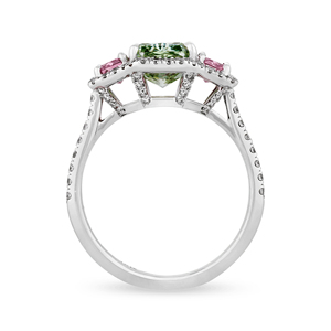 Bague de luxe en or 18 carats avec trois pierres, diamant vert taille émeraude et saphirs roses, bijoux de fiançailles pour femme - Product Image 2