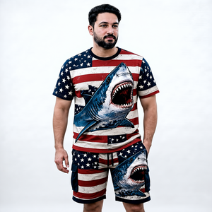 Conjunto deportivo de camiseta y pantalones cortos para hombre, con estampado por sublimación, de secado rápido, con diseño geométrico, para verano. - Product Image 5