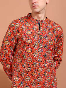 ชุดคุรตาและคุรตีผ้าฝ้ายแคมบริกพิมพ์ลายดอกไม้ คาลัมคารี สำหรับฤดูร้อน แห้งเร็ว ป้องกันแสงแดด เหมาะสำหรับผู้ชายและผู้หญิง - Product Image 4