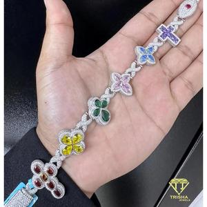 Bracelet Tennis de Luxe Moissanite Givrée Multicolore avec Maillons Croisés en Forme de Fleur, Bijoux Hip Hop Bling Plaqué Or 14K Rhodié Pierres Roses - Product Image 2