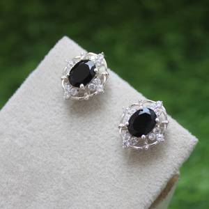 Oval Black Onyx Stud <b>Earrings</b> 925 Sterling Silver <b>Handmade</b> CZ Halo Elegant Jewelry Gift For Women Fashion <b>Earrings</b> - Product Image 2