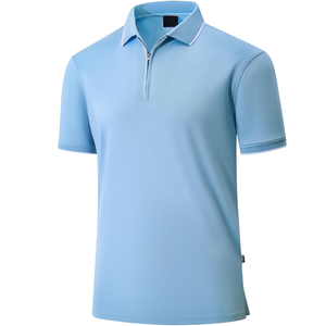 Men's Sky <b>Blue</b> Quarter Zip Tipped Collar <b>Polo</b> Slit Hem Short Sleeve Casual Business Golf Breathable <b>Polo</b> T-<b>Shirt</b> - Product Image 1