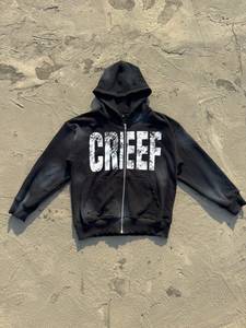 Men's Black Hooded <b>Zip</b>-<b>Up</b> Sweatshirt With CREEF Print Regular Fit Casual Autumn Wear - Product Image 1