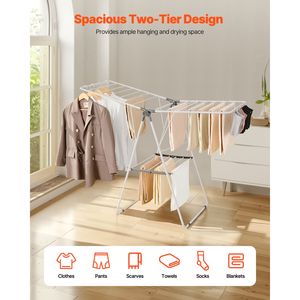 Stendibiancheria Pieghevole in Metallo a 2 Livelli con 21 Aste e Clip per Calzini, Altezza Regolabile per Biancheria da Letto e Lavanderia - Product Image 2