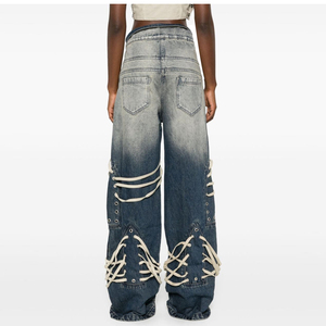 Jean large à lacets pour femme, en denim déchiré, style streetwear, avec détails en dentelle, taille haute, coupe baggy, jambe évasée - Product Image 2