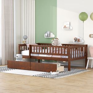 Letto singolo in noce con due cassetti, letto in legno per bambini - Product Image 1