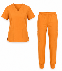 Ensemble de blouses d'infirmière unisexe orange, col en V, manches courtes, pantalon uniforme, vêtements de travail médicaux pour hôpital, tissu tissé en coton et polyester - Product Image 2