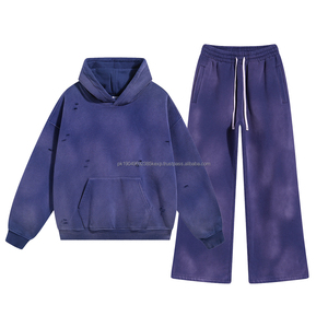 Haute qualité à la mode Vintage en détresse lavage à l'acide 360GSM polaire coton athlétique surdimensionné sweats à capuche et pantalons de survêtement Legging ensemble - Product Image 1