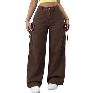 Jean large marron taille haute pour femme avec détails en dentelle sur les côtés, coupe décontractée, style streetwear, pantalon en denim tendance, séchage rapide - Product Image 1