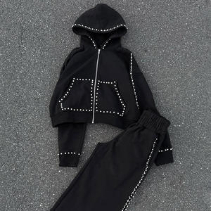 Luxury Rhinestone Two Piece Set Women Streetwear Studded Cropped <b>Zip</b> Up Hoodie and Wide Leg Sweatpants Tracksuit Sweatsuit - Product Image 2