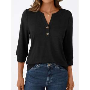 2025 blusas de verano para mujer, blusas con botones y cuello en V de manga larga 3/4, ropa de negocios de seda XL/elegante/informal a la moda para primavera - Product Image 5