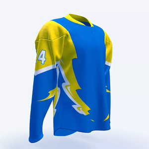 เสื้อฮอกกี้น้ำแข็งผู้ชายแบบสั่งทำ สีน้ำเงินเหลือง พิมพ์ลายแบบซับลิเมชั่น แขนยาว ระบายเหงื่อได้ดี ผลิตจากโพลีเอสเตอร์ คอกลม ทรงปกติ - Product Image 2
