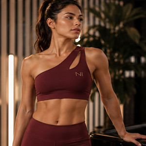 Burgundy Sports Bra With Gold Foil Logo Front Letter Pattern Medium Support Yoga Fitness Seamless Breathable Design - Product Image 1