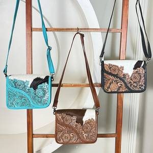 New Vintage Floral Cowhide Crossbody <b>Messenger</b> <b>Bags</b> Western Style Tooled <b>Leather</b> Evening Purse Rustic Cowgirl Everyday Handbags - Product Image 3