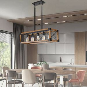 32\" Walnut Industrial Farmhouse 5-<b>Light</b> Pendant Chandelier Rectangle Design for Dining Room Kitchen Island Cafe <b>Decor</b> <b>Bulbs</b> - Product Image 5