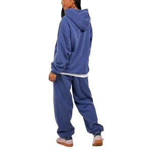 Women's Blue Hooded <b>Tracksuit</b> Set Casual Plus Size Solid Color Cotton Sweatshirt and Pants Loose Fit Full Length Autumn Wear - Product Image 2