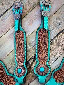 Cabezada y Collar de Pecho de Cuero Genuino Turquesa con Herrajes para Caballo, Estilo Western, Duradero, Ligero y Multifuncional - Product Image 3