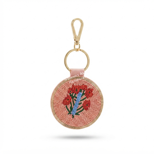 Breloque de sac florale en perles de rocaille faites à la main, porte-clés brodé rose avec quincaillerie dorée, accessoire de mode, fournisseur en gros - Product Image 1