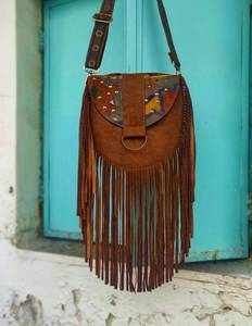 Sac bandoulière carré en cuir de vachette style safari, très tendance, avec franges et pompons, pour filles, en cuir de vachette à poils apparents - Product Image 3