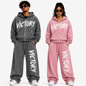 Custom Unisex Oversized Zip Up Hoodie and Jogger Tracksuit Set Vintage Washed Streetwear Two Piece Sweat Suit for Men and Women - Product Image 4