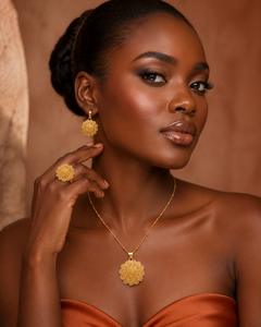 Designer 24K Gold Plated Sunflower Pendant Necklace, Earrings & Ring Nigerian <b>Bridal</b> Wedding Jewelry - Product Image 3