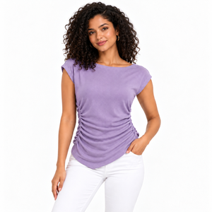 Women Lavender Ruched Side Cap Sleeve T <b>Shirt</b> <b>Henley</b> Neck Solid Color Casual Top Spandex Cotton Knitted Natural Waist Maternity - Product Image 1