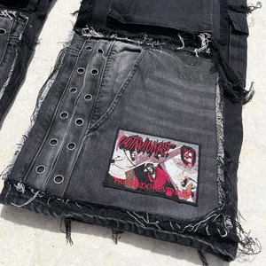 EXITO INTL <b>Men's</b> Black for Wash Distressed Denim Cargo Pants Multiple Pockets Frayed Edges High Waist <b>Drawstring</b> Closure - Product Image 6