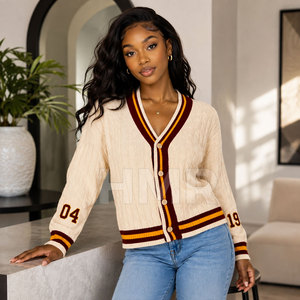 HMR Sorority Sisterhood V-Neck Knit Cardigan in Beige Solid Color Button-up Crop <b>Sweater</b> Waist-length Knitwear - Product Image 3