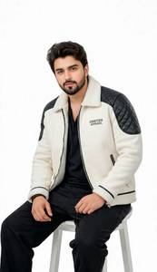 ONETEN APPAREL <b>Men</b> Streetwear Color Block Fleece Zip-Up Quilted Leather <b>Jacket</b> with Turn-Down Collar Winter OEM Service - Product Image 1