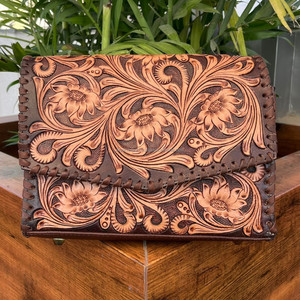 Hand-<b>Tooled</b> <b>Leather</b> Crossbody Bag for Women's Western Style Genuine <b>Leather</b> Brown Floral Clutch Handbag Designer Cowhide Purse - Product Image 4