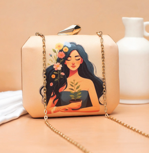 Pochette de créateur florale pour femme en satin numérique avec doublure en soie brute, fermeture à fermoir et bandoulière chaîne - Product Image 1