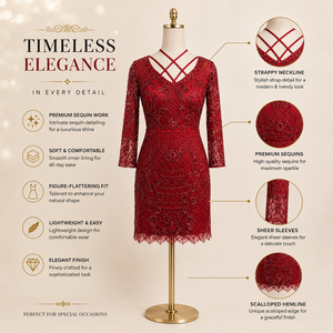 Women Red <b>Sequin</b> Mini Dress | Strappy Neck Sheer Sleeve Beaded Cocktail Party Evening Wedding Prom Elegant Embellished Occasion - Product Image 5