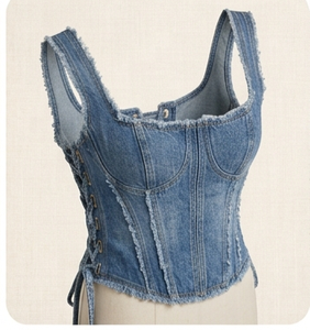 Denim Corset Crop <b>Top</b> Sleeveless Square Neck Bodycon Fitted Frayed Edges Washed Casual Summer Wear - Product Image 4