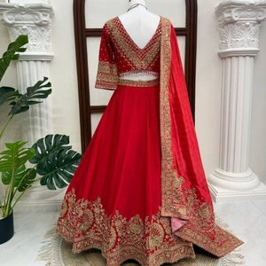 Premium <b>Red</b> Chinon Sequins Embroidered Semi Stitched Lehenga Choli With Digital Printed Dupatta Manufacture By Royal Export - Product Image 4