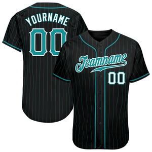Maillot de baseball authentique OMMiZ pour hommes, antibactérien, de qualité supérieure, personnalisé, noir, à fines rayures aqua, bleu sarcelle et blanc - Product Image 1