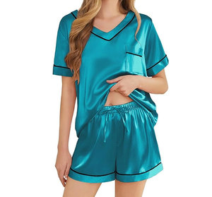 Pijamas de Seda al por Mayor para Mujer, Conjunto de 2 Piezas de Satén de Manga Corta, Ropa de Dormir Suave con Cuello en V - Product Image 2
