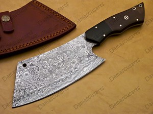 Couteau à découper artisanal en acier Damas avec étui en cuir |   Couteau de boucher forgé robuste multifonctionnel DIY OEM - Product Image 3