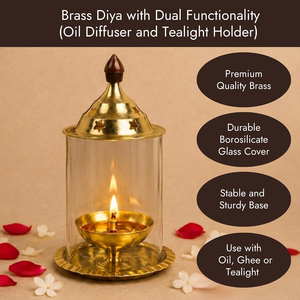 Brass Akhand Diya with Borosilicate Glass Cover Medium Size Eternal <b>Oil</b> <b>Lamp</b> for Puja Temple Home Decor Diwali - Product Image 5