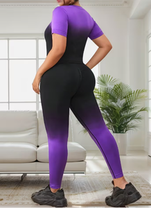 Ensemble sportif 2 pièces pour femme, dégradé violet et noir, manches courtes, col rond, tricoté en spandex/coton, leggings longs respirants - Product Image 4