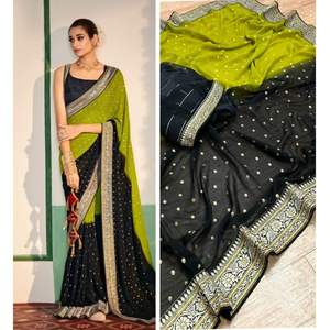 DISEÑADOR GEORGETTE FOIL PRINT TRABAJO SAREE CON BLUSA SIN COSTAR PERROT GREEN - Product Image 1