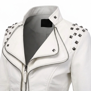 Women's White Faux <b>Leather</b> Studded Biker Jacket, Slim Fit Punk Rock Motorcycle Jacket with Asymmetric Zipper and <b>Rivet</b> Details - Product Image 3
